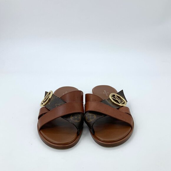 Louis Vuitton Womens Brown Monogram Slide Sandals With Gold LV Logo Size 36 - Picture 4 of 9